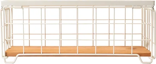 Miniatura 4 de Cesta de almacenamiento de alambre de metal, soporte para rollo de papel higiénico, base de madera, caja de decoración de encimera, estante de Crema