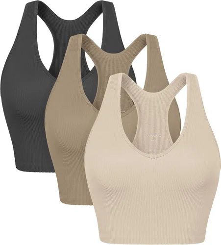 ODODOS Paquete de 3 camisetas cortas sin costuras con espalda cruzada para mujer, de punto acanalado, suave, ombligueras cortas