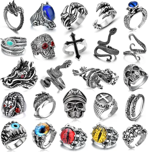 Juego de 16 a 24 anillos punk vintage, anillos ajustables góticos de motociclista, anillo de calavera de esqueleto, pluma, serpiente, drgón, león,