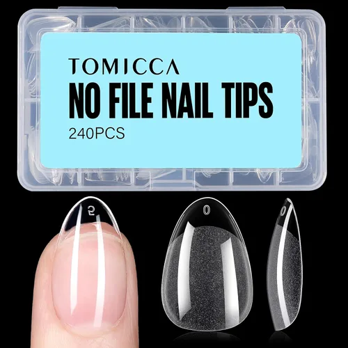 Miniatura 13 de TOMICCA Puntas de uñas de almendra extra cortas, 240 unidades, 15 tamaños, puntas de uñas de gel transparente preformadas, no necesita lima, uñas