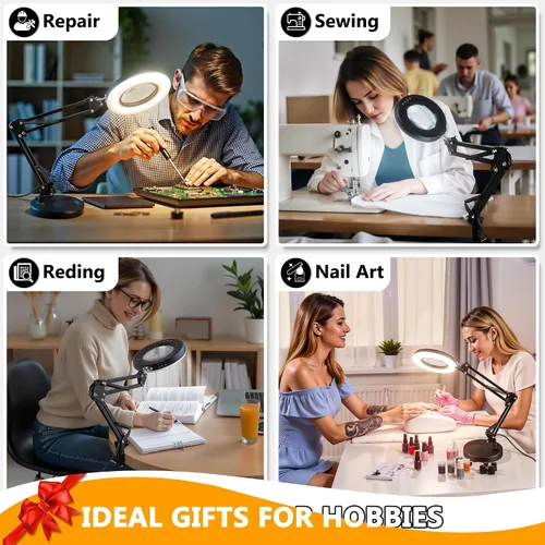 Miniatura 7 de 12 lupas con luz y soporte, 9 brillo regulable, 5 modos de color, lámpara de aumento de metal manos libres con abrazadera para lectura