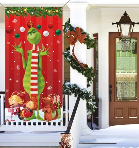 Miniatura 4 de Sunwer Letrero de Puerta de Navidad Verde Feliz Cubierta de Puerta Whoville Decoración de Fiesta de Invierno de Navidad Cartel de Porche Delantero