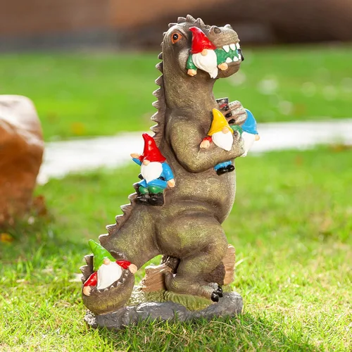 Malister Estatuas de jardín de gnomos de dinosaurio de 14 pulgadas para decoración de jardín de otoño e invierno, estatuas de gnomos para decoración