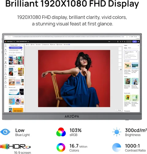 Miniatura 6 de ARZOPA Soporte para Monitor Portátil con Base, Monitor Portátil Ultradelgado de 14.0" para Laptop FHD 1080P Pantalla Externa con Altavoces Duales
