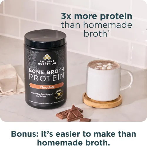 Miniatura 6 de Ancient Nutrition Proteína en polvo hecha de verdadero caldo de huesos, sabor chocolate, 20 g de proteína por porción, envase de 20 porciones