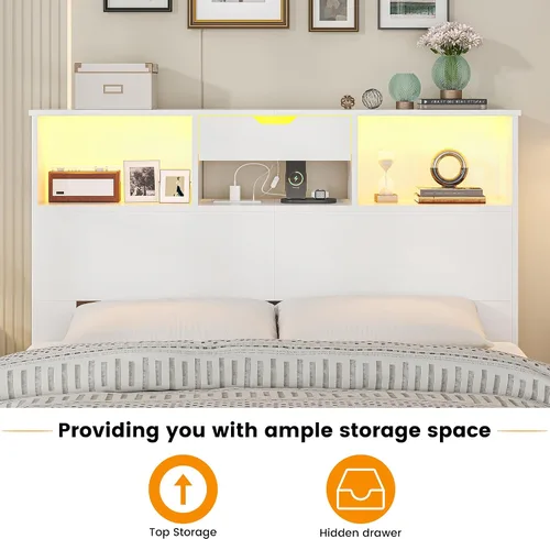 Miniatura 5 de Cabecero para cama tamaño Queen con estante de almacenamiento y cajones, cabeceros profundos de madera con estación de carga y luces LED, cabecera
