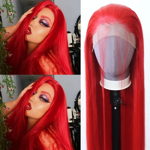 Miniatura 20 de 99J Peluca larga y lisa 99J color borgoña sintética con encaje frontal, predesfilada con línea de cabello natural para mujeres de moda, cabello