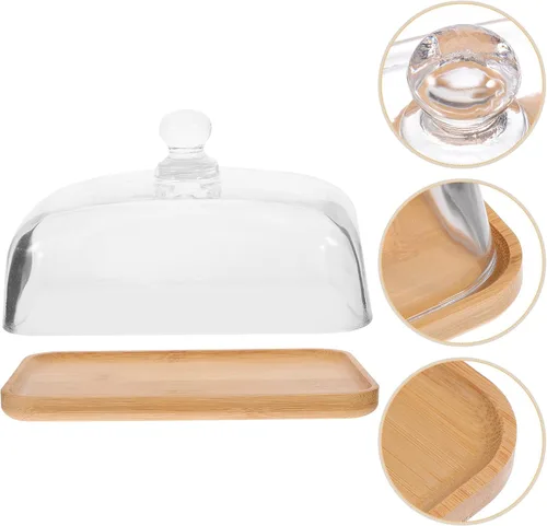 Miniatura 4 de Hemoton Plato de vidrio transparente para tartas con base de madera y cubierta de cúpula – 6.69 x 4.52 x 3.50 pulgadas, bandeja de postre