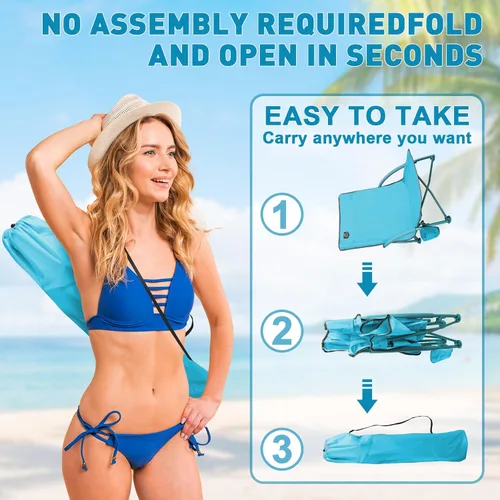 Miniatura 5 de Paquete de 2 sillas bajas de playa, sillas reclinables plegables para adultos, sillas de camping ligeras de asiento bajo con soporte para tazas, Azul