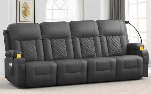 Miniatura 20 de FURNIMAT Sofá reclinable, sofá reclinable doble de 3 asientos, sofá biplaza de piel sintética, moderna silla reclinable para sala de estar, con Negro