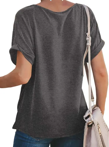 Miniatura 5 de Bofell Camisetas de manga corta enrolladas con cuello en V para mujer, blusas de verano con nudo frontal