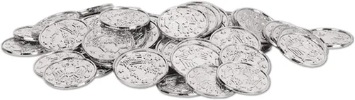 Beistle 100 monedas de plástico en relieve de plata para casino occidental y tema pirata, recuerdos de fiesta del cofre del tesoro, 1.5 pulgadas