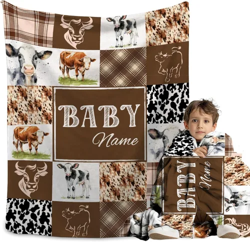 Miniatura 38 de Manta personalizada de bosque azul para niños y niñas, manta personalizada de animales salvajes, regalos para bebé, vaca, guardería, mantas
