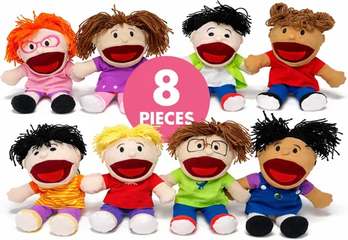 Podzly Marionetas de mano para niños, paquete de 8 marionetas multiculturales de felpa con boca móvil, juego de marionetas divertidas y coloridas