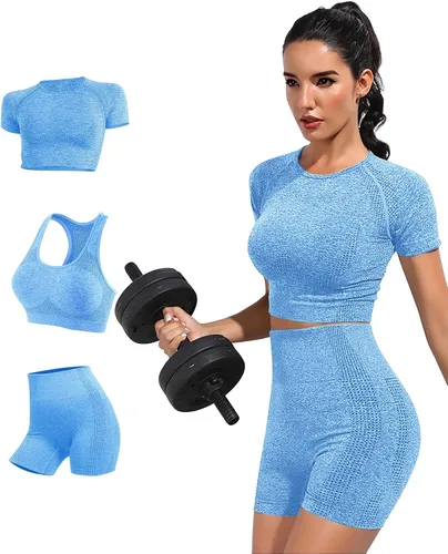 TUMILKETS Conjunto deportivo de 3 piezas para mujer, sin costuras, manga corta, brasier deportivo, cintura alta, pantalones cortos de yoga
