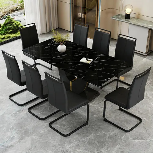 Miniatura 10 de Juego de mesa de comedor de mármol sintético para 6.71 pulgadas, juego de mesa de comedor moderno para 6 personas con mesa de vidrio y pedestal