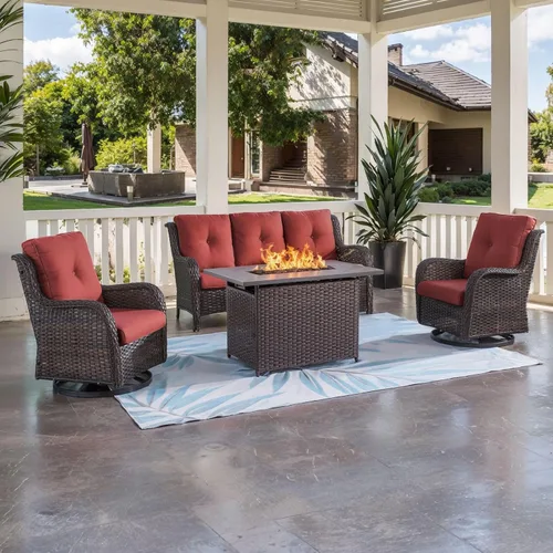 Miniatura 64 de HUMMUH Sillas Mecedoras Giratorias de Mimbre para Patio Exterior con Respaldo Alto, Sillas Deslizantes de Ratán PE, Juego de Muebles de Patio de 4