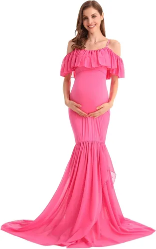 Miniatura 8 de MYRISAM Vestido de maternidad con volantes y hombros descubiertos para mujer, vestido de fiesta de sirena de gasa, vestido ajustado