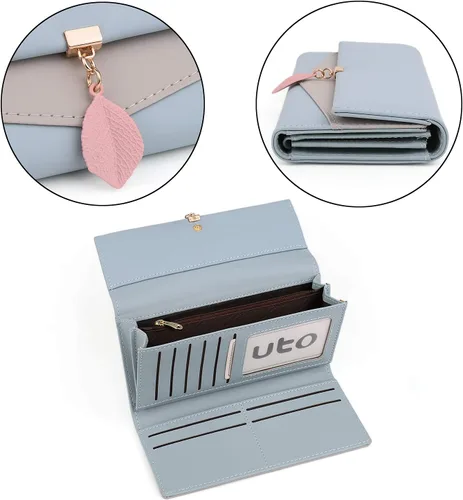Miniatura 85 de UTO - Cartera pequeña RFID de piel sintética con dije de hoja, cierre de cremallera y tarjetero.
