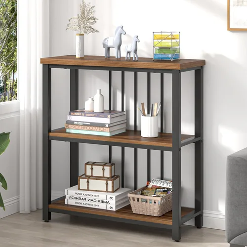 Miniatura 11 de FOLUBAN Estantería de 3 niveles, estantería industrial y estantes para libros, para dormitorio, madera rústica y metal, para oficina, roble
