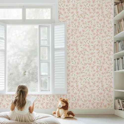 Miniatura 5 de JiffDiff Papel tapiz floral para despegar y pegar, papel de pared de margaritas rosas, flores de verano, habitación de guardería, papel de contacto