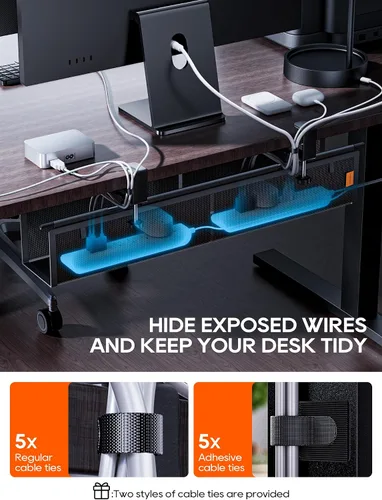Miniatura 5 de Bandeja de organización de cables para debajo del escritorio, sin taladro, bridas incluidas, material de lona ecológico, diseño de malla