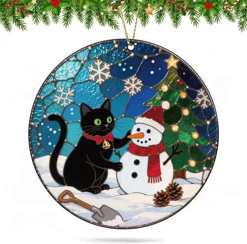 Miniatura 7 de Adornos de Navidad Graciosos de Gato Negro 2025, Adornos Colgantes de Acrílico 2D para Decoraciones de Árbol de Navidad, Adornos de Navidad