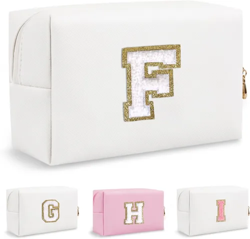 Miniatura 9 de Biileen Bolsa de Maquillaje Preppy Personalizada con Inicial Pequeña Bolsa de Viaje Linda con Letra de Chenilla, blanco-1, F