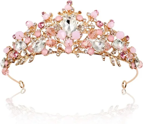NODG - Tiaras y coronas de oro rosa para mujer; tiaras de cristal rosa para mujer; tiaras nupciales para cumpleaños; diademas para graduación;