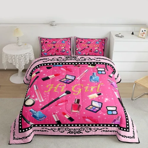 Miniatura 11 de Castle Fairy Rose Lipstick Bedding Set Elegant Quilted Comforter Set Twin Size,Women Cosmetic Duvet Insert with 1 Pillow Sham for Kids Boys Girls