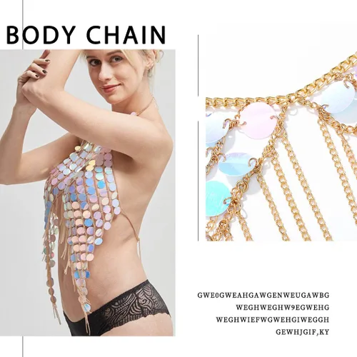 Miniatura 5 de Yovic Cadena de cuerpo bohemio con lentejuelas doradas, cadenas de cintura sexy con borlas, cadena de barra de borla para rave, club nocturno