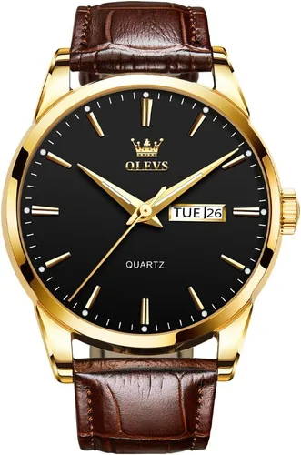 OLEVS Reloj para hombres cronógrafo marrón cuero oro caso analógico cuarzo moda negocios vestido grande hombres reloj día fecha luminoso impermeable