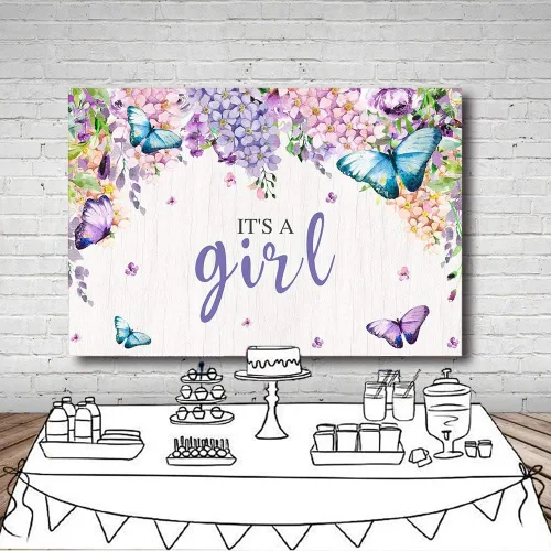Miniatura 5 de MEHOFOTO - Cartel de fondo de cabina de estudio fotográfico con texto en inglés "It's A Girl" con diseño de mariposa para baby shower, baby shower