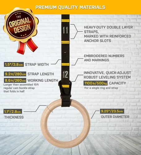 Miniatura 4 de Anillos de gimnasia de madera Double Circle con correas numeradas de ajuste rápido y guía de videos de ejercicios - Anillos de entrenamiento