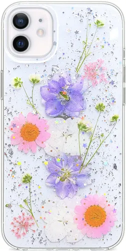 Miniatura 8 de Abbery Funda transparente para iPhone 11 con diseño de flores moradas, bonita funda protectora de silicona suave TPU real seca prensada floral