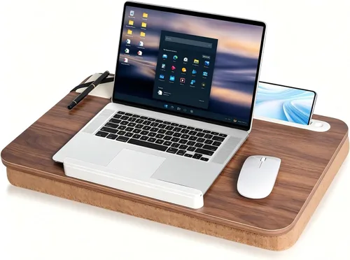 Wooden Lap Desk with Handle, Natural Wood Grain Finish, Portable Laptop Table with pohone Slots