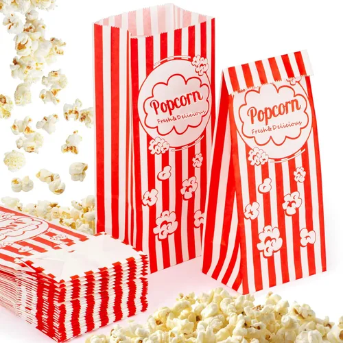 MAQIHAN 50 Bolsas de Palomitas Porciones Individuales - Bolsas de Papel de Fondo Plano para Palomitas Fundas de Palomitas para Fiestas a Granel