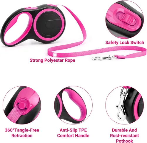 Miniatura 3 de Segarty Correa retráctil rosa para perro, correa de perro resistente de 16 pies para perros medianos y pequeños de hasta 44 libras, mango