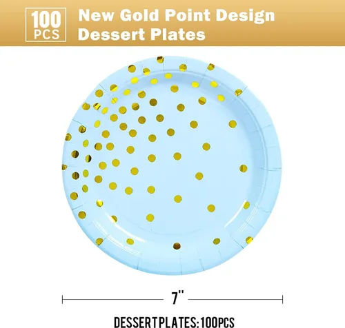 Miniatura 2 de Platos de papel de oro azul, 100 unidades, platos de postre de puntos rosados y dorados, suministros de fiesta redondos desechables ideales