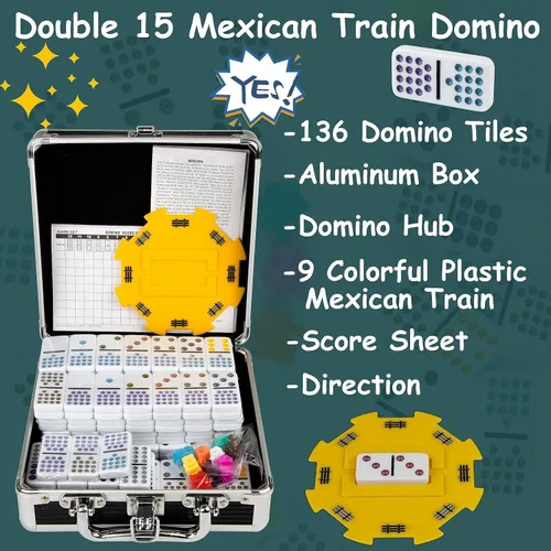 Miniatura 2 de Juego de dominó para adulto, juego de dominó doble de 15 puntos de colores, juego de dominó con funda de aluminio, 136 azulejos (2-10 jugadores)