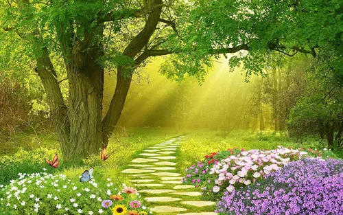 Miniatura 2 de Reyhui - Papel tapiz con imagen de bosque, flores y camino en mural de pared para dormitorio, sala de estar, fondo de TV, sofá