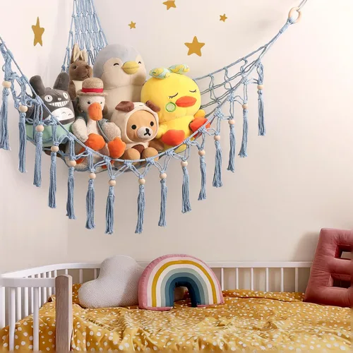 Miniatura 7 de Hamaca de almacenamiento para juguetes de animales de peluche con luz LED - Organizador de habitación jumbo de macramé para muñecas, decoración