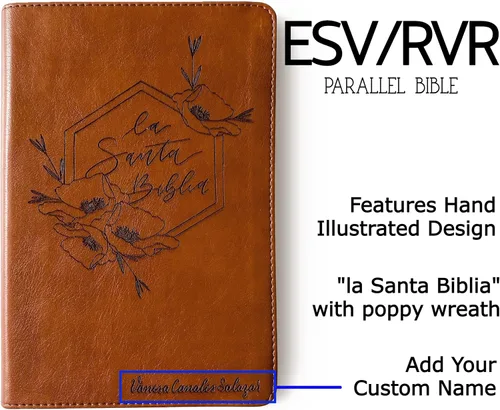 Miniatura 4 de Biblia paralela en español/inglés (RVR/ESV) con letras a mano y grabadas con láser, marrón, incluye opción para agregar nombre grabado, regalo
