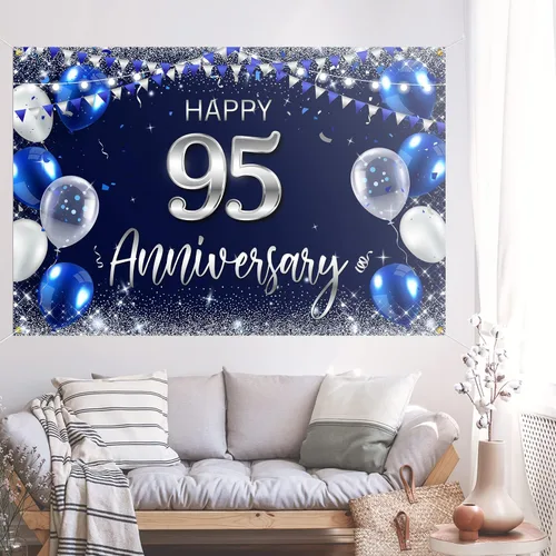 Miniatura 5 de Cartel de fondo de feliz 95 aniversario, decoración plateada con purpurina de 95 años, decoración temática de fiesta de aniversario de boda