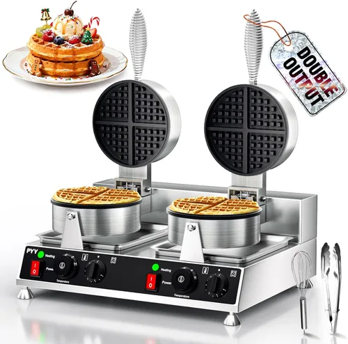 Miniatura 10 de PYY Gofrera Comercial - Plancha de Gofres Antiadherente de 1300W, Máquina de Gofres Belga Redonda de Acero Inoxidable 20Pcs/H, Control de Tiempo