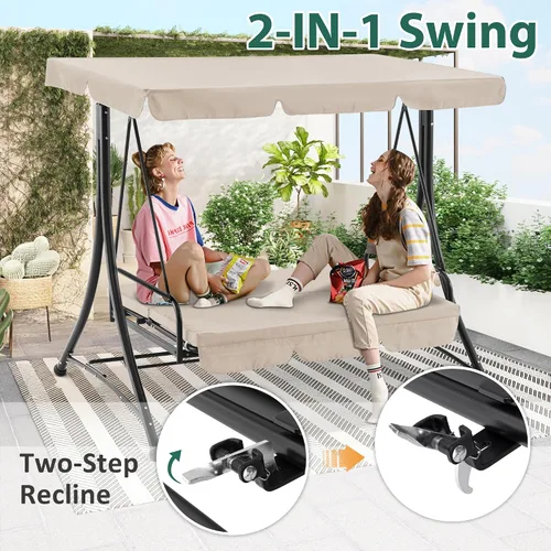 Miniatura 6 de MCombo Columpios de patio de 3 asientos con marco de acero resistente a la intemperie, toldo ajustable, columpio reclinable para porche al aire Beige