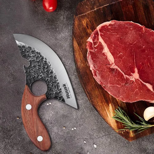Miniatura 9 de Huusk Cuchillos vikingo para cortar carne, pequeño cuchillo Ulu, forjado a mano, cuchillos Ultimo cavernícolas de espiga completa para cocina