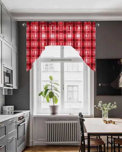 Miniatura 4 de Cortinas de cocina con cenefa roja a cuadros de acuarela, cenefa con bolsillo para barra, paneles de cortina para dormitorio, sala de estar, baño