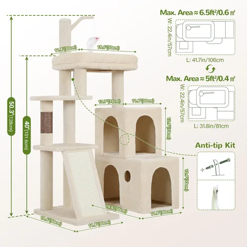 Miniatura 6 de Globlazer F50 Torre para Gatos para Gatos Adultos de Interior, Árbol para Gatos Resistente de 50 Pulgadas para Gatos Grandes, Casa de Árbol