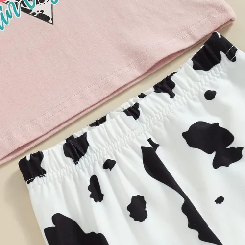 Miniatura 34 de fhutpw Conjunto de camiseta de manga corta con estampado de vaca y pantalones acampanados de dibujos animados para niñas